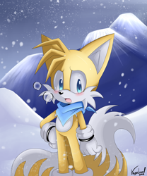 Size: 2000x2400 | Tagged: safe, artist:vagabondwolves, miles "tails" prower, fox, abstract background, bandana, blushing, gloves, hand on hip, looking at viewer, male, mountain, mouth open, signature, snow, snowing, socks, solo, standing, winter