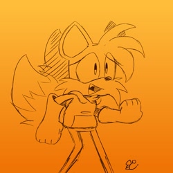 Size: 1000x1000 | Tagged: dead source, safe, artist:twintailedgal, miles "tails" prower, fox, 2021, chest fluff, clenched fists, eye clipping through hair, female, hoodie, long gloves, looking ahead, mouth open, one fang, orange background, pants, signature, simple background, sketch, solo, standing, traditional media, trans female, trans girl tails, transgender