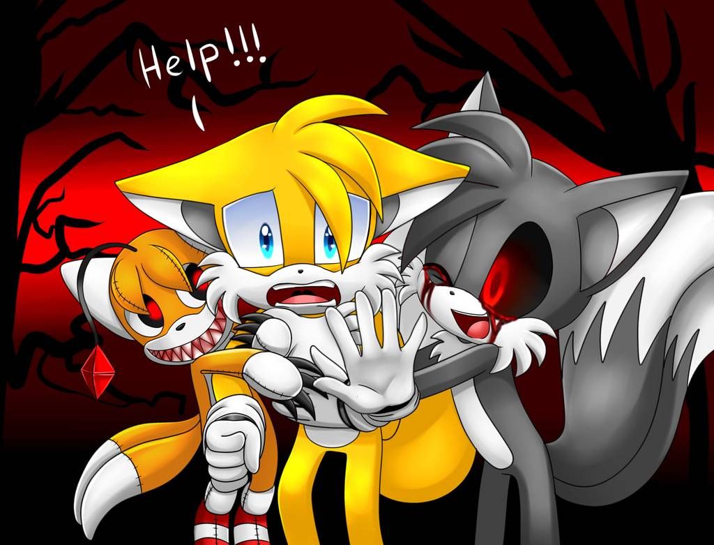 8213 - semi-grimdark, artist:evilmoka, miles tails prower, oc, oc:tails. exe, black sclera, bleeding from eyes, blood, friday night funkin, glowing  eyes, grey background, looking at viewer, no mouth, red eyes, simple  background, solo 