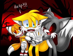 Size: 1024x781 | Tagged: dead source, semi-grimdark, artist:darkheartpie, miles "tails" prower, tails doll, oc, oc:tails.exe, abstract background, black sclera, bleeding from eyes, blood, dialogue, floppy ears, genderless, glowing eyes, hair over one eye, holding them, male, reaching towards the viewer, red eyes, scared, standing, talking to viewer, trio, wink