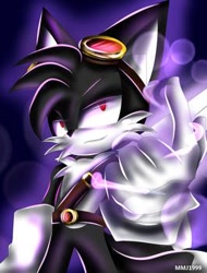 Size: 266x350 | Tagged: dead source, semi-grimdark, artist:mmj1999, miles "tails" prower, fox, fanfic:dark tails unleashed, abstract background, bad quality, belt, dark form, dark tails, gloves, glowing, goggles, goggles on head, lidded eyes, male, smile, solo, sonic boom (tv), standing