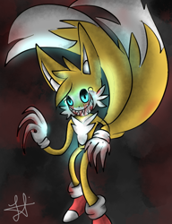 Size: 500x650 | Tagged: semi-grimdark, artist:liliathedgehog, miles "tails" prower, fox, blood, blood stain, claws, evil, gloves, glowing eyes, looking at viewer, male, sharp teeth, shoes, signature, socks, solo, standing