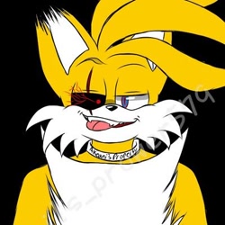 Size: 400x400 | Tagged: source needed, semi-grimdark, artist:akeani, miles "tails" prower, fox, alignment swap, black background, black sclera, chest fluff, collar, electricity, english text, evil, evil tails, fangs, long hair, looking at viewer, male, red eyes, scar, simple background, solo, tongue out, torn ear