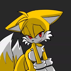 Size: 1668x1668 | Tagged: semi-grimdark, artist:픽스턴 fixstern, miles "tails" prower, fox, blushing, chest fluff, evil, floppy ears, gloves, grey background, lidded eyes, looking at viewer, male, mouth open, red eyes, simple background, solo, standing, yandere