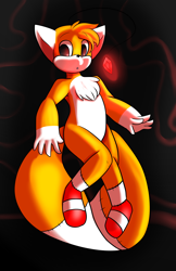 Size: 1100x1700 | Tagged: safe, artist:yoshimister, tails doll, abstract background, chest fluff, cute, genderless, glowing, headlight, looking offscreen, mid-air, mouth open, solo, stitches, two tails