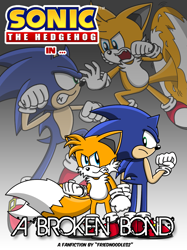Size: 1133x1511 | Tagged: safe, artist:friednoodles2, miles "tails" prower, sonic the hedgehog, fox, hedgehog, comic:a broken bond, abstract background, clenched fists, clenched teeth, comic cover, duo, english text, flying, frown, looking at each other, male, males only, spinning tails, this won't end well