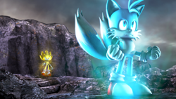 Size: 3840x2160 | Tagged: safe, artist:hansgrosse1, miles "tails" prower, sonic the hedgehog, super sonic, fox, hedgehog, 3d, clenched fists, duo, frown, gloves, glowing, hyper form, hyper tails, looking at them, looking up, male, males only, sfm, shoes, socks, standing, super form