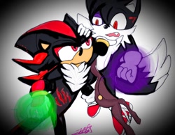 Size: 1080x840 | Tagged: safe, artist:iblistriger, miles "tails" prower, shadow the hedgehog, fox, hedgehog, 2018, abstract background, belt, bruise, chest fluff, cut, dark form, dark tails, duo, fight, gloves, holding another's neck, injured, looking at each other, male, males only, mid-air, mouth open, one fang, scratches, shoes, signature, smile, socks, sonic boom (tv)