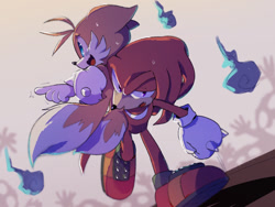 Size: 1080x810 | Tagged: safe, artist:緘咲, knuckles the echidna, miles "tails" prower, echidna, fox, abstract background, blushing, carrying them, duo, floppy ears, gay, gloves, knuxails, lidded eyes, looking at viewer, looking offscreen, mouth open, pointing, shipping, shoes, smile, sweatdrop, walking