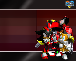 Size: 1280x1024 | Tagged: safe, editor:taeko, e-123 omega, miles "tails" prower, shadow the hedgehog, fox, hedgehog, sonic heroes, arms folded, au:not fully dark (taeko), edit, lesbian pride, looking at viewer, looking offscreen, male, males only, mlm pride, official artwork, official render, pride, pride flag, robot, standing, trio, wallpaper
