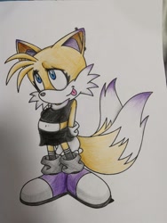 Size: 640x853 | Tagged: safe, artist:st3phyx_x, miles "tails" prower, fox, colored ears, colored tail, crop top, ear piercing, femboy, gloves, goth outfit, goth tails, hands behind back, looking up, male, shoes, skirt, socks, solo, standing, tongue out, traditional media