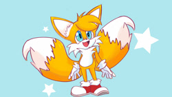 Size: 1024x576 | Tagged: safe, artist:pine206, miles "tails" prower, fox, blue background, cute, ear fluff, gloves, looking up, male, mouth open, one fang, shoes, simple background, socks, solo, standing, star (symbol), tailabetes