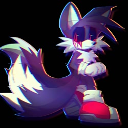 Size: 1200x1200 | Tagged: semi-grimdark, artist:anthonykaiz, miles "tails" prower, oc, oc:tails.exe, fox, black background, black sclera, bleeding from eyes, blood, frown, glitch, gloves, looking back, male, red eyes, shoes, simple background, socks, solo, walking
