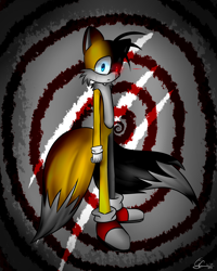 Size: 2000x2500 | Tagged: semi-grimdark, artist:kittydraws16, miles "tails" prower, oc, oc:tails.exe, fox, 2018, abstract background, crying, frown, gloves, glowing eyes, looking at viewer, male, shoes, socks, solo, spiral, standing, tears of fear, two sides