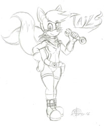Size: 789x956 | Tagged: safe, artist:luluthelucario, miles "tails" prower, fox, bandana, belt, boots, character name, english text, femboy, gloves, hand on hip, holding something, looking at viewer, male, redesign, shorts, signature, simple background, sketch, smile, socks, solo, standing, traditional media, white background, wrench