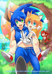 Size: 1334x1888 | Tagged: dead source, safe, artist:felicia-val, knuckles the echidna, miles "tails" prower, sonic the hedgehog, human, abstract background, anime, child, clenched fists, clouds, crop jacket, cute, gloves, grass, humanized, looking at viewer, loop, males only, palm tree, pants, riding on back, running, shoes, shorts, smile, socks, sonabetes, star (symbol), tailabetes, team sonic, teenager, trio, two tails, v sign