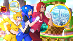 Size: 1920x1080 | Tagged: safe, artist:moonlight7earltea, knuckles the echidna, miles "tails" prower, sonic the hedgehog, human, green hill zone, abstract background, belt, button-up shirt, clenched fists, clenched teeth, crop jacket, furry collar, gloves, humanized, jacket, looking ahead, loop, male, males only, mouth open, pants, portal, ring, running, shorts, smile, spiked collar, sunflower, team sonic, totem pole, trio, youtube link in description