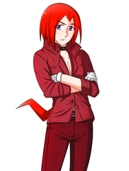 Size: 1200x1600 | Tagged: safe, artist:moonlight7earltea, knuckles the echidna, human, anime, arms folded, button-up shirt, frown, gloves, humanized, looking at viewer, pants, simple background, solo, spiked collar, standing, white background, youtube link in description