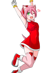 Size: 1200x1600 | Tagged: safe, artist:moonlight7earltea, amy rose, human, amy's halterneck dress, anime, arms up, boots, female, heart, humanized, long socks, looking offscreen, mouth open, nipple outline, smile, socks, solo, wink, youtube link in description