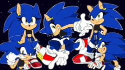 Size: 1280x720 | Tagged: safe, artist:jazz the tabby cat, editor:darshing, sonic the hedgehog, hedgehog, sonic adventure 2, bleeding, blood, clenched teeth, color edit, crop top, earring, eyelashes, female, gender swap, gloves, injured, looking at viewer, looking back, looking offscreen, mid-air, outline, pants, posing, redraw, smile, socks, solo, standing, star (sky), torn gloves