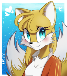 Size: 800x900 | Tagged: safe, artist:asilingrose, miles "tails" prower, fox, abstract background, blushing, border, cleavage, cleavage fluff, ear fluff, eyelashes, female, gender swap, jacket, looking at viewer, shirt, smile, solo