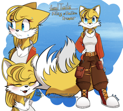 Size: 1000x900 | Tagged: safe, artist:asilingrose, miles "tails" prower, fox, abstract background, belt, blushing, boots, character name, chest fluff, cleavage, dialogue, embarrassed, english text, eyelashes, eyes closed, female, floppy ears, frown, gender swap, gloves, hand on hip, happy, looking offscreen, pants, ponytail, shirt, smile, solo, standing, sweatdrop
