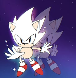 Size: 1349x1378 | Tagged: safe, artist:koasku, sonic the hedgehog, hedgehog, abstract background, chibi, classic sonic, flying, gloves, hyper form, hyper sonic, looking at viewer, male, mid-air, no mouth, shoes, socks, solo, star (sky)