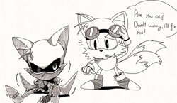 Size: 946x550 | Tagged: safe, artist:koasku, miles "tails" prower, fox, black sclera, chibi, classic style, classic tails, damaged, dialogue, duo, english text, genderless, gloves, goggles, hand on own head, looking at each other, male, metal tails, monochrome, mouth open, robot, shoes, simple background, sitting, socks, standing, sweatdrop, white background