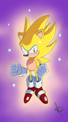 Size: 720x1280 | Tagged: safe, artist:kauaball, sonic the hedgehog, super sonic, hedgehog, 2022, classic sonic, clenched fists, flying, frown, gloves, glowing, looking down, male, mid-air, purple background, shoes, simple background, socks, solo, sparkles, super form