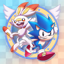 Size: 3400x3400 | Tagged: safe, artist:albrt-wlson, sonic the hedgehog, hedgehog, rabbit, ambiguous gender, checkered background, classic sonic, crossover, duo, looking at viewer, male, mid-air, mouth open, pokemon, running, scorbunny, smile
