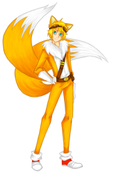 Size: 1376x1980 | Tagged: safe, artist:tanyawind, miles "tails" prower, human, 2014, adult, aged up, belt, furry collar, gloves, goggles, goggles on head, hands on hips, humanized, looking up, male, older, shoes, simple background, smile, socks, solo, sonic boom (tv), two tails, white background