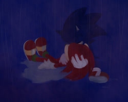 Size: 1000x800 | Tagged: semi-grimdark, artist:mas2a, knuckles the echidna, sonic the hedgehog, echidna, hedgehog, 2013, abstract background, death, eyes closed, gloves, holding them, lineless, male, males only, rain, sad, shoes, sitting, socks, water