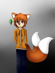 Size: 384x512 | Tagged: safe, artist:angel emmanuel, tails doll, human, fox ears, frown, genderless, gradient background, hands behind back, headlight, humanized, jacket, looking at viewer, pants, solo, standing, stitches, two tails