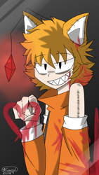 Size: 1080x1920 | Tagged: semi-grimdark, artist:starartwork, tails doll, human, 2018, blood, drawing, drawing with blood, evil grin, fox ears, genderless, gloves, glowing, gradient background, headlight, heart, humanized, lidded eyes, looking at viewer, sharp teeth, signature, smile, standing, stitches