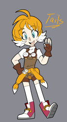 Size: 1100x2000 | Tagged: safe, artist:sakaruchibi, miles "tails" prower, human, 2020, character name, english text, fingerless gloves, goggles, goggles around neck, grey background, hand on hip, humanized, jacket around waist, looking offscreen, male, mouth open, shorts, simple background, smile, solo, standing, waving