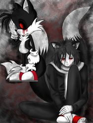 Size: 1944x2592 | Tagged: semi-grimdark, artist:wolfkice, miles "tails" prower, oc, oc:tails.exe, fox, human, 2014, abstract background, black sclera, bleeding, bleeding from eyes, blood, duality, duo, fox ears, frown, gloves, humanized, long-sleeved shirt, looking down, male, pants, red eyes, sad, scarf, shoes, sitting, socks, standing