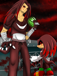 Size: 1944x2592 | Tagged: semi-grimdark, artist:wolfkice, knuckles the echidna, oc, oc:knuckles.exe, echidna, human, 2014, abstract background, bandage, black sclera, bleeding, bleeding from eyes, blood, chaos emerald, crop top, duality, gloves, holding something, humanized, looking back, looking up, male, pants, red eyes, solo, standing