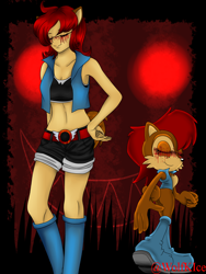 Size: 1944x2592 | Tagged: semi-grimdark, artist:wolfkice, sally acorn, oc, oc:sally.exe, human, 2014, abstract background, belt, bleeding, bleeding from eyes, blood, border, duo, eye trauma, hand on hip, humanized, sally's vest and boots, smile, standing, stitches