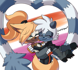 Size: 1050x950 | Tagged: safe, artist:melliepiyo, tangle the lemur, whisper the wolf, lemur, wolf, abstract background, carrying them, duo, eyes closed, female, females only, floppy ears, hair over one eye, heart tail, holding each other, lesbian, lesbian pride, one fang, pride, pride flag, shipping, smile, standing, tangabetes, tangle x whisper, whispabetes