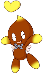 Size: 303x522 | Tagged: safe, artist:chocolacake, chocola (chao), arms out, bowtie, eyes closed, flying, genderless, happy, heart, mid-air, mouth open, neutral chao, simple background, solo, transparent background
