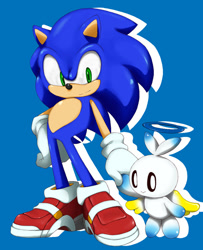 Size: 600x739 | Tagged: safe, artist:shoppaaaa, sonic the hedgehog, chao, hedgehog, duo, genderless, gloves, hand on hip, hero chao, holding hands, looking at them, male, smile, soap shoes, standing