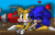 Size: 850x543 | Tagged: safe, artist:arcticcryptid, miles "tails" prower, sonic the hedgehog, fox, hedgehog, abstract background, blushing, chest fluff, clenched teeth, cute, duo, eyes closed, gay, heart, hugging from behind, looking at them, male, males only, mouth open, shipping, sonabetes, sonic x tails, standing, surprise hug, tailabetes, tails' workshop, tornado i, wrench