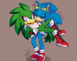 Size: 1168x918 | Tagged: safe, artist:jyllhedgehog367, jet the hawk, sonic the hedgehog, bird, hedgehog, 2019, beige background, blushing, boots, carrying them, chest fluff, duo, eyes closed, gay, gloves, hawk, heart, looking down, mouth open, shipping, shoes, signature, simple background, smile, socks, sonjet, standing, sunglasses