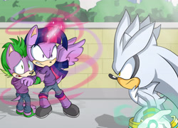 Size: 6000x4309 | Tagged: source needed, safe, artist:atomiclance, silver the hedgehog, hedgehog, abstract background, alicorn, angry, child, magic, mobianified, my little pony, protecting, scared, species swap, spike (mlp), this will end in a boss fight, trio, twilight sparkle