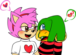 Size: 1149x831 | Tagged: safe, artist:rosiepie15, amy rose, tekno the canary, bird, hedgehog, blushing, duo, female, females only, fleetway amy, heart, lesbian, lidded eyes, looking at them, mouth open, question mark, shipping, simple background, teknamy, transparent background