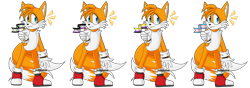 Size: 1920x678 | Tagged: safe, artist:nejishadow, miles "tails" prower, fox, agender pride, asexual pride, flag, gloves, headcanon, holding something, looking at viewer, nonbinary pride, one fang, pride flag, shoes, simple background, smile, socks, solo, standing, trans pride, transparent background, v sign