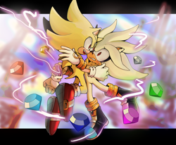 Size: 1312x1082 | Tagged: safe, artist:mandiopan, silver the hedgehog, sonic the hedgehog, super sonic, hedgehog, abstract background, blushing, boots, chaos emeralds, clenched teeth, duo, electricity, flying, gloves, holding them, looking at each other, male, males only, mid-air, mouth open, scared, shoes, socks, super form, super silver