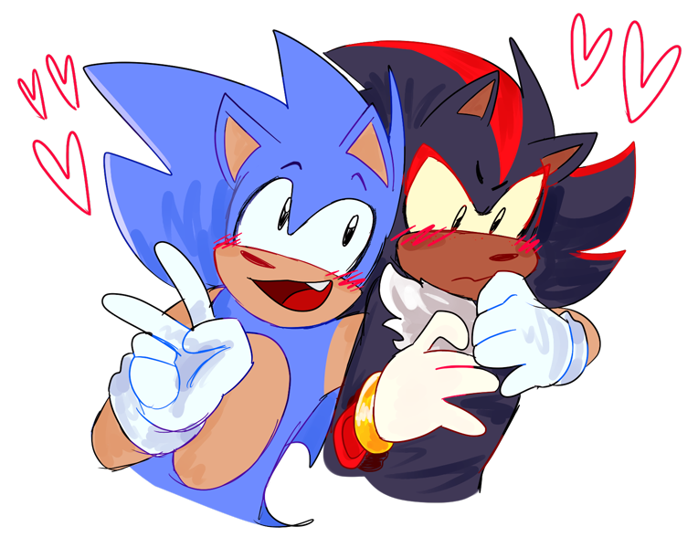 9421 - safe, artist:onlyastraa, shadow the hedgehog, sonic the hedgehog,  abstract background, blushing, blushing ears, duo, duo male, eyes closed,  frown, gay, heart, holding hands, holding them, kiss, licking lips, lidded  eyes