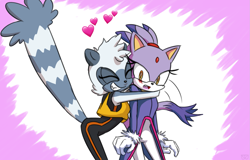 Size: 1525x977 | Tagged: safe, artist:jcmx, blaze the cat, tangle the lemur, cat, lemur, abstract background, blushing, clenched teeth, duo, eyes closed, female, females only, gloves, hearts, hugging, lesbian, looking at them, mouth open, shipping, shiptember, smile, surprise hug, surprised, tanglaze