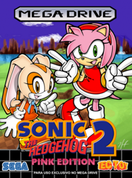 Size: 300x404 | Tagged: safe, amy rose, cream the rabbit, hedgehog, rabbit, sonic the hedgehog 2, box art, child, double v sign, duo, female, pointing, rom hack, sonic the hedgehog 2: pink edition (rom hack)